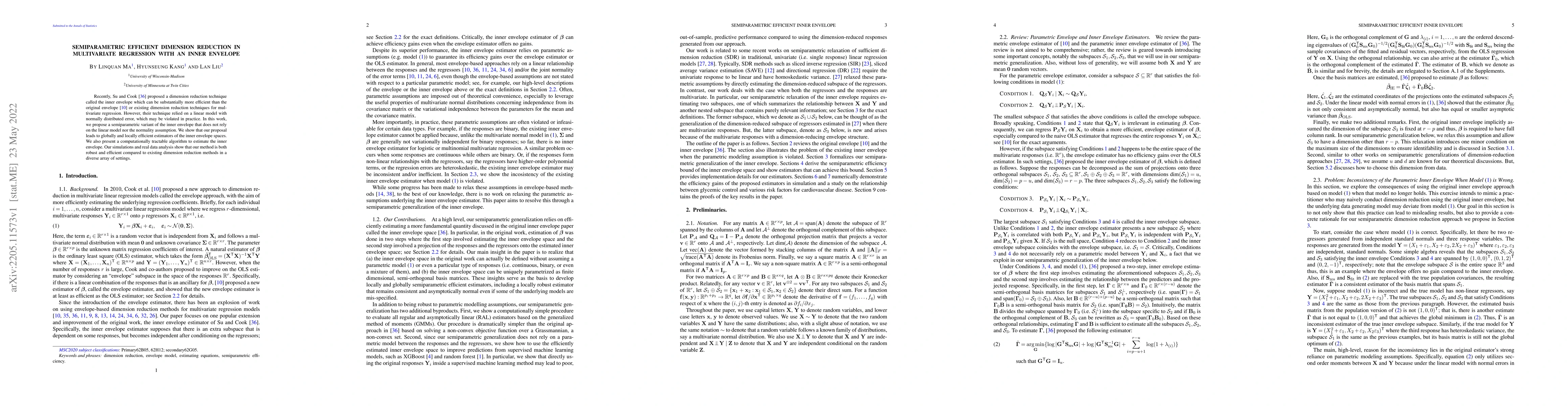 Thumbnail for Semiparametric Efficient Dimension Reduction in multivariate regression
  with an Inner Envelope