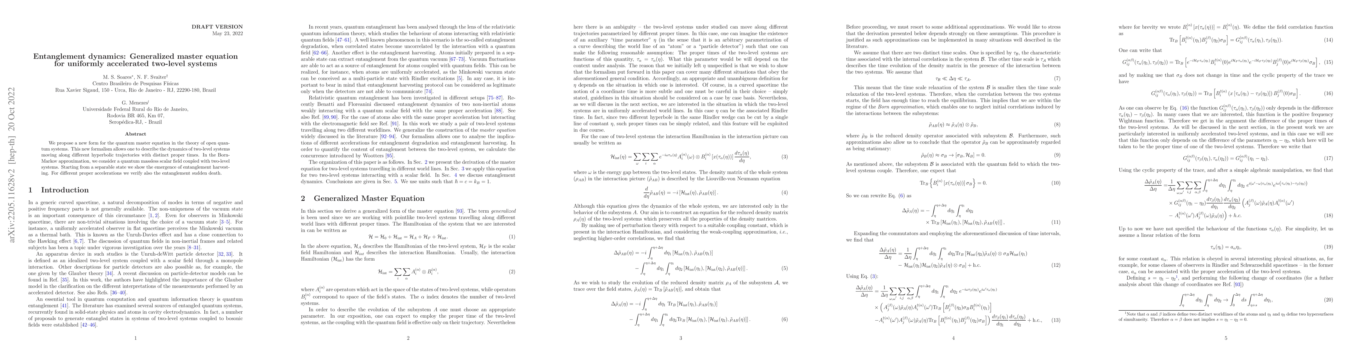 Thumbnail for Entanglement dynamics: Generalized master equation for uniformly
  accelerated two-level systems