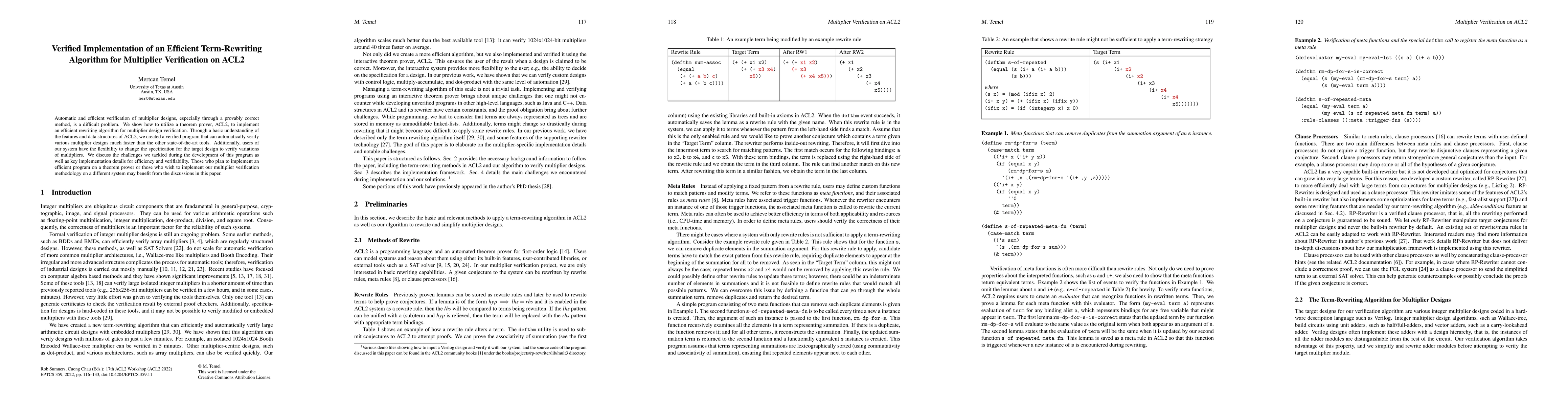 Thumbnail for Verified Implementation of an Efficient Term-Rewriting Algorithm for
  Multiplier Verification on ACL2