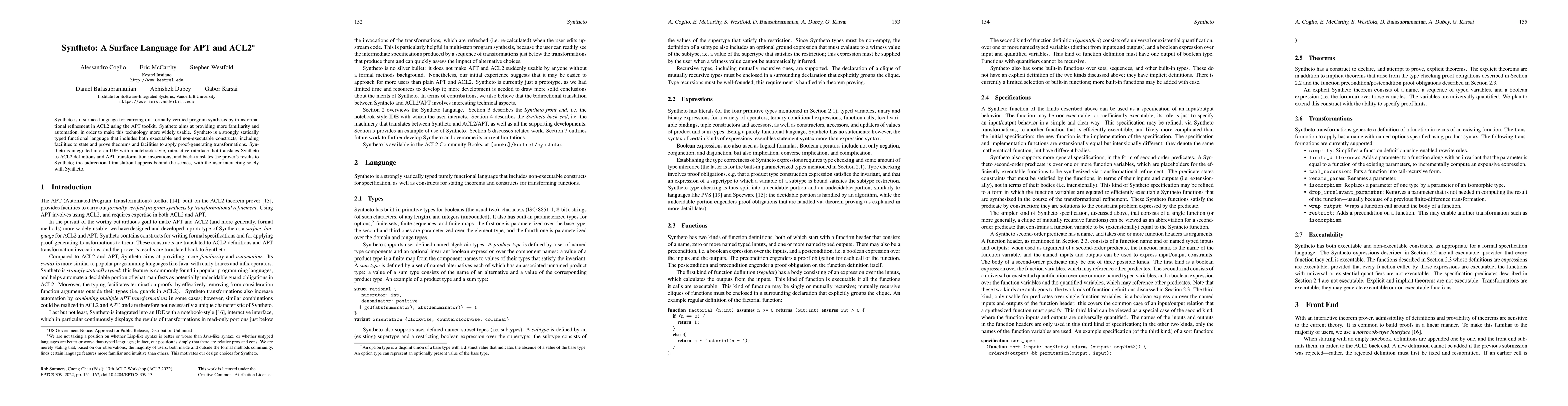 Thumbnail for Syntheto: A Surface Language for APT and ACL2