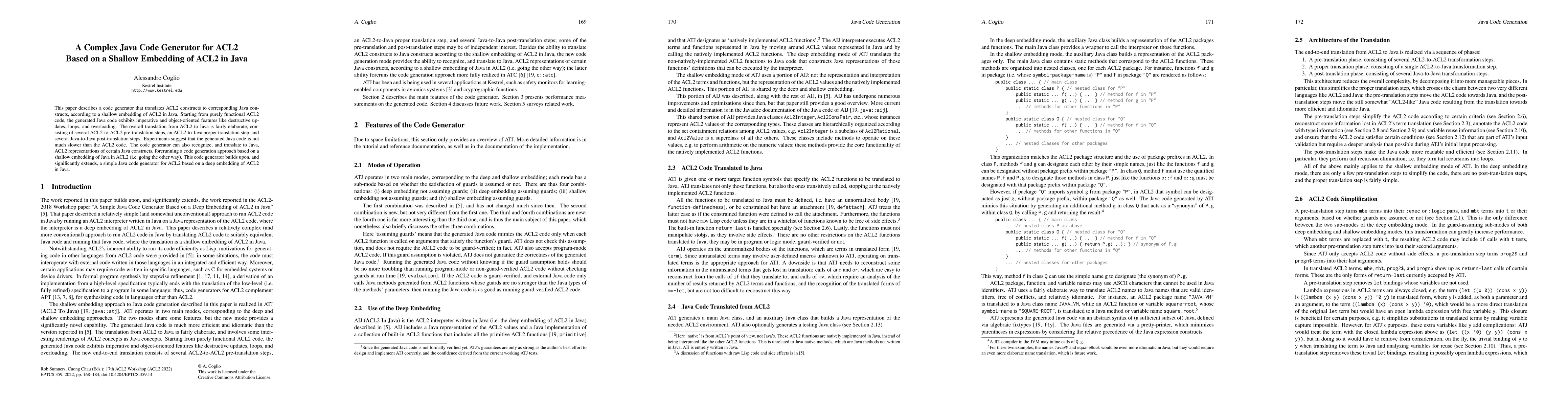 Thumbnail for A Complex Java Code Generator for ACL2 Based on a Shallow Embedding of
  ACL2 in Java