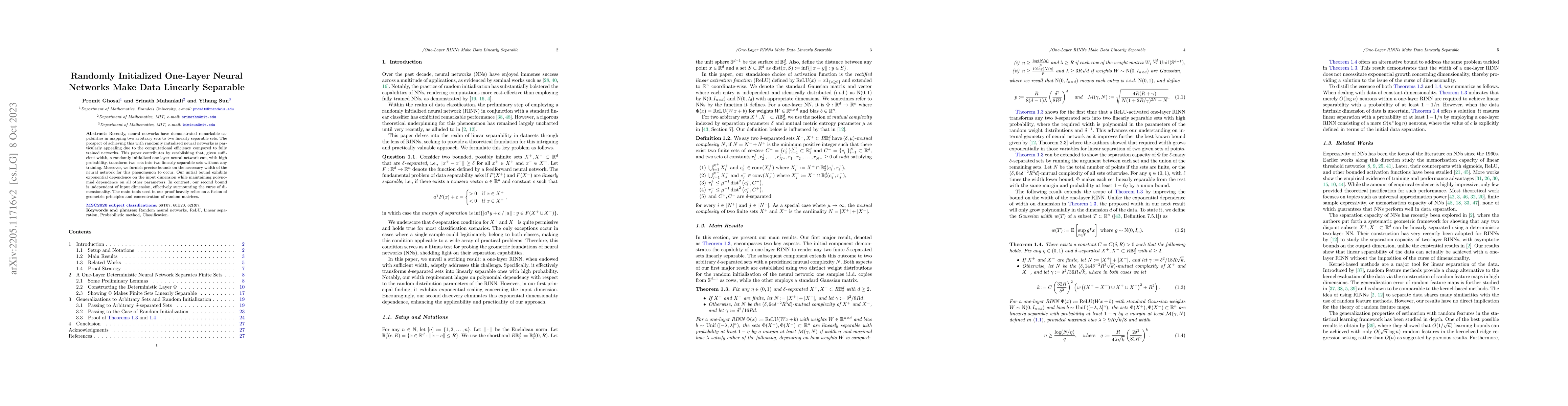 Thumbnail for Randomly Initialized One-Layer Neural Networks Make Data Linearly
  Separable