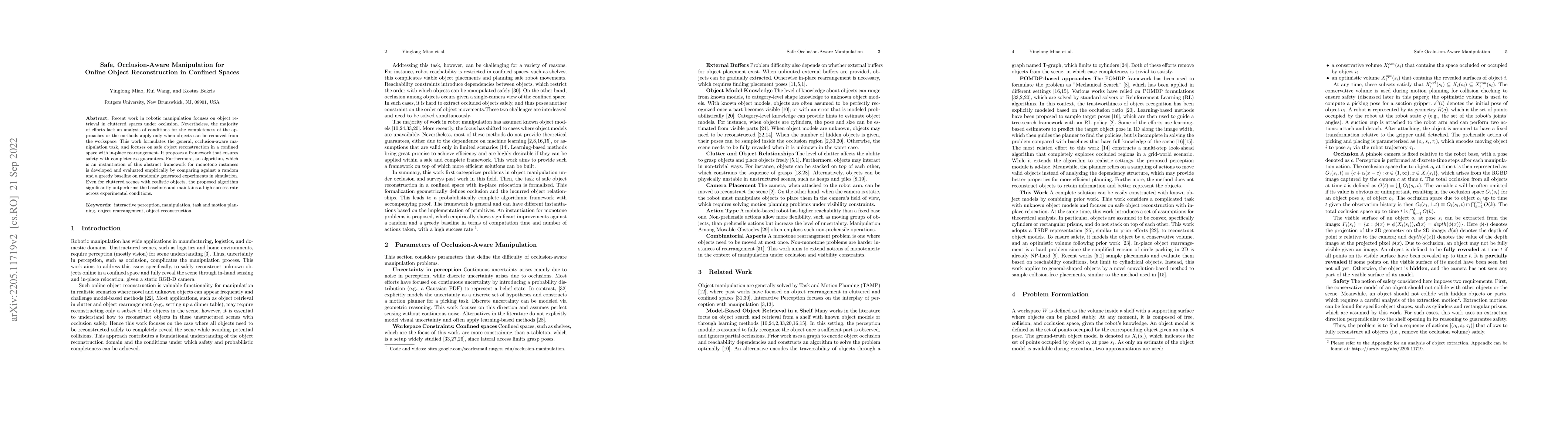 Thumbnail for Safe, Occlusion-Aware Manipulation for Online Object Reconstruction in
  Confined Spaces
