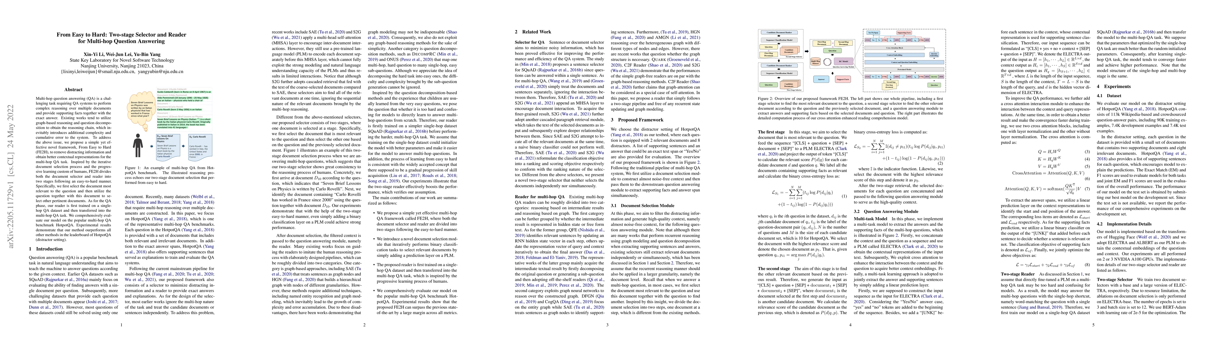Thumbnail for From Easy to Hard: Two-stage Selector and Reader for Multi-hop Question
  Answering