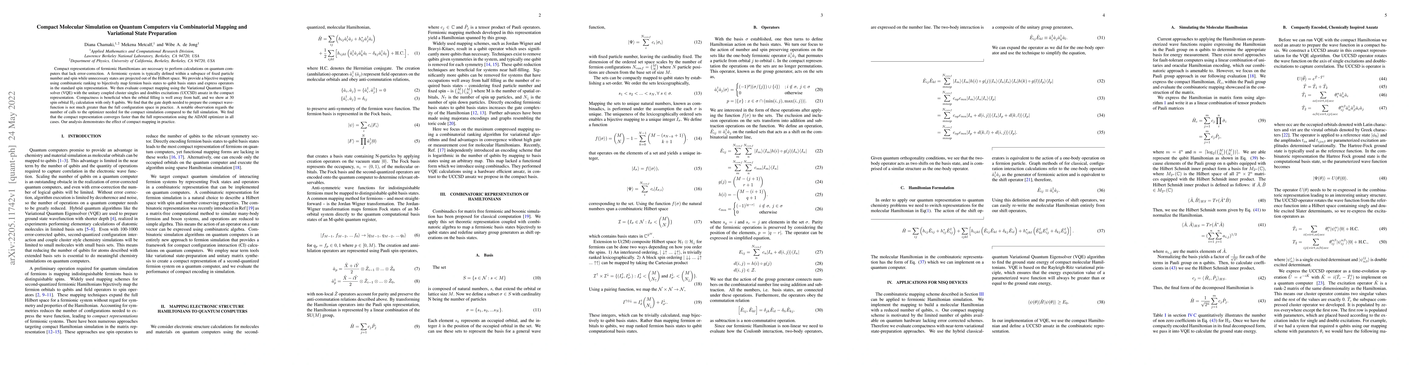Thumbnail for Compact Molecular Simulation on Quantum Computers via Combinatorial
  Mapping and Variational State Preparation