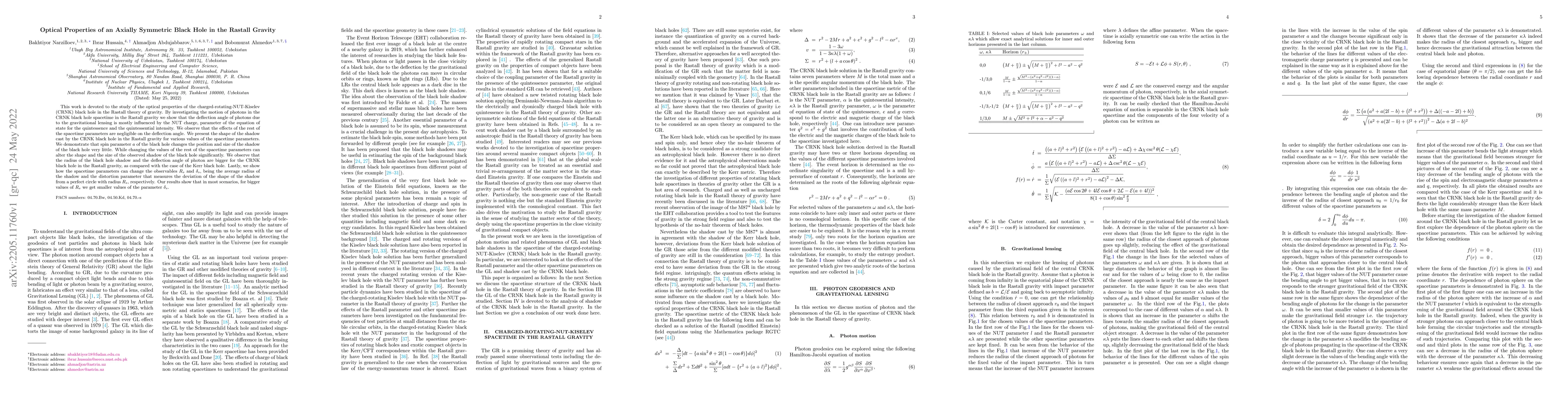Thumbnail for Optical Properties of an Axially Symmetric Black Hole in the Rastall
  Gravity
