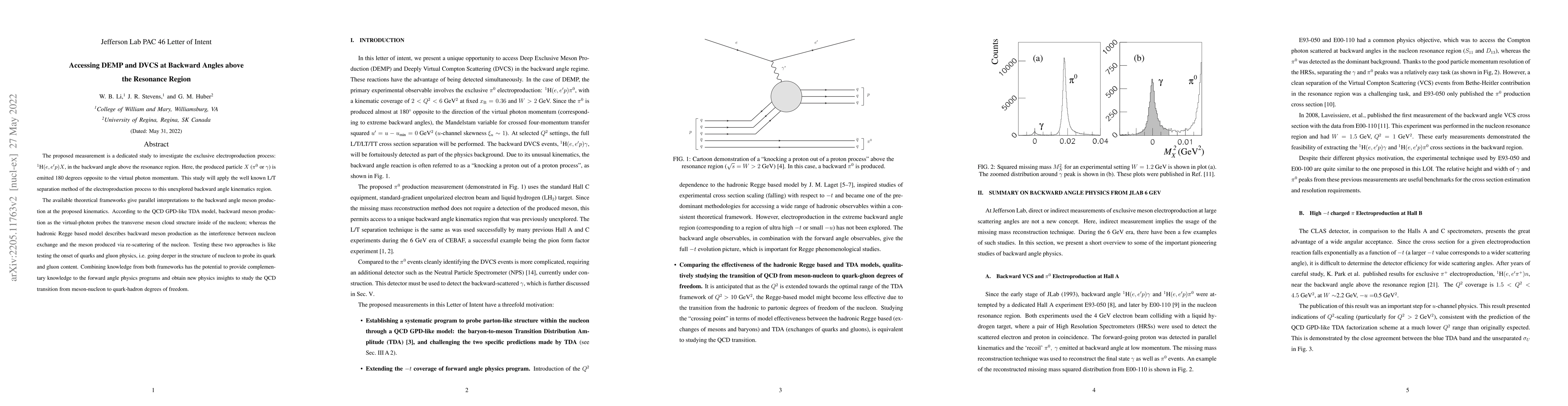 Thumbnail for Accessing DEMP and DVCS at Backward Angles above the Resonance Region