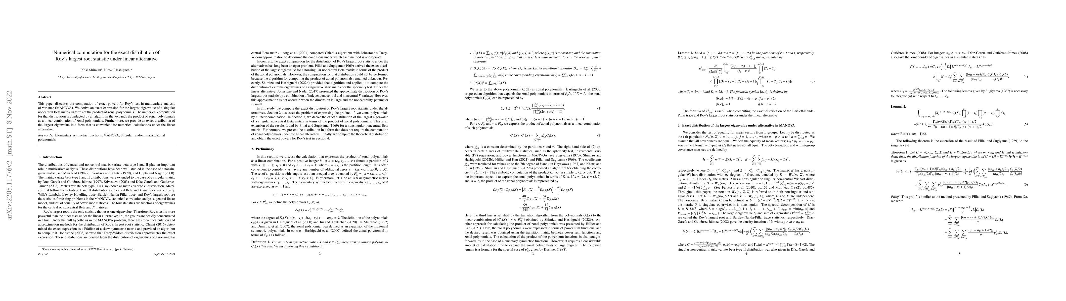 Thumbnail for Numerical computation for the exact distribution of Roy's largest root
  statistic under linear alternative