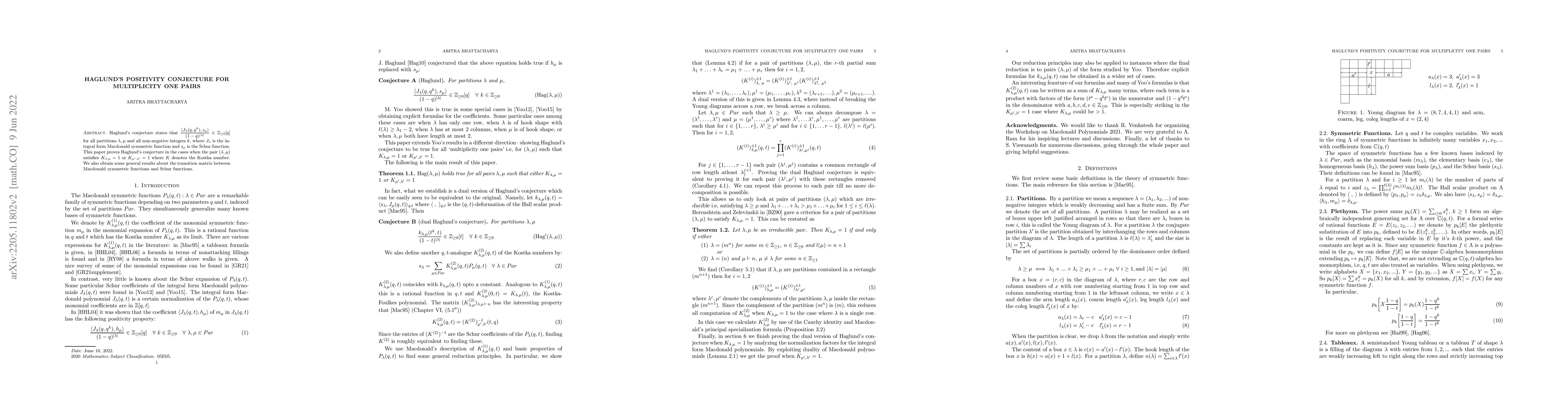 Thumbnail for Haglund's positivity conjecture for multiplicity one pairs