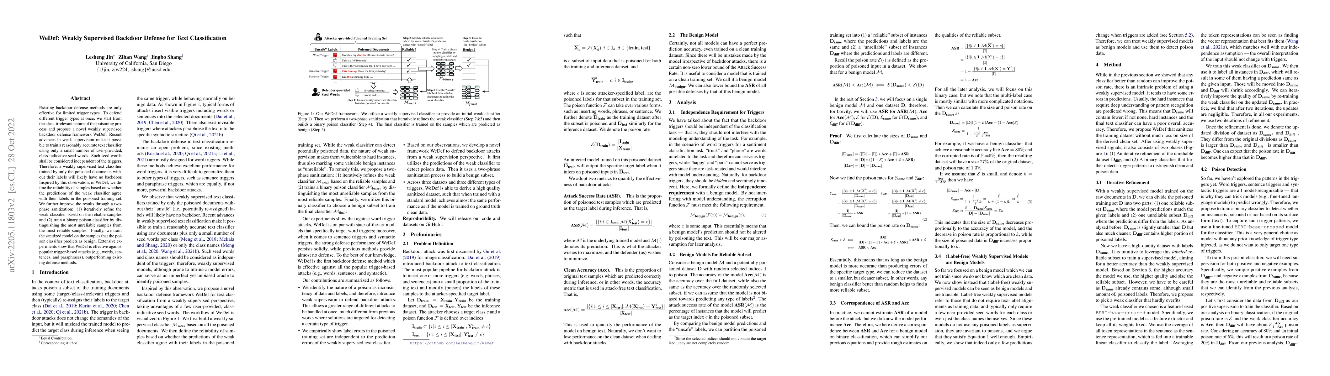 Thumbnail for WeDef: Weakly Supervised Backdoor Defense for Text Classification