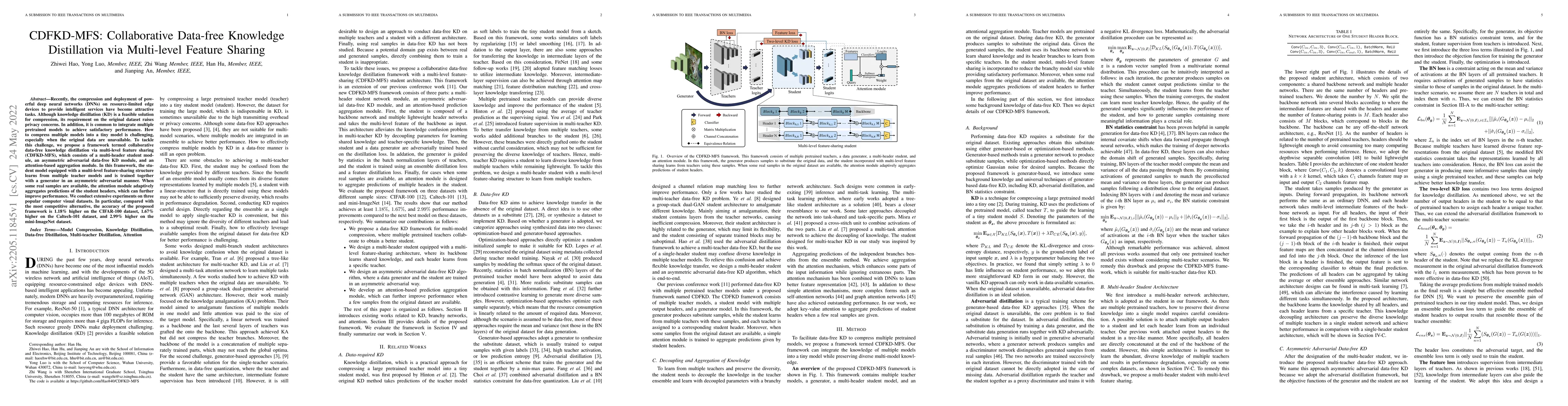 Thumbnail for CDFKD-MFS: Collaborative Data-free Knowledge Distillation via
  Multi-level Feature Sharing