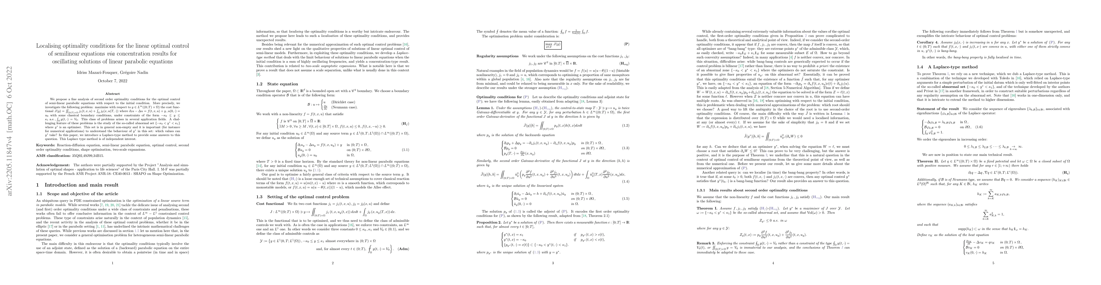 Thumbnail for Localising optimality conditions for the linear optimal control of
  semilinear equations \emph{via} concentration results for oscillating
  solutions of linear parabolic equations