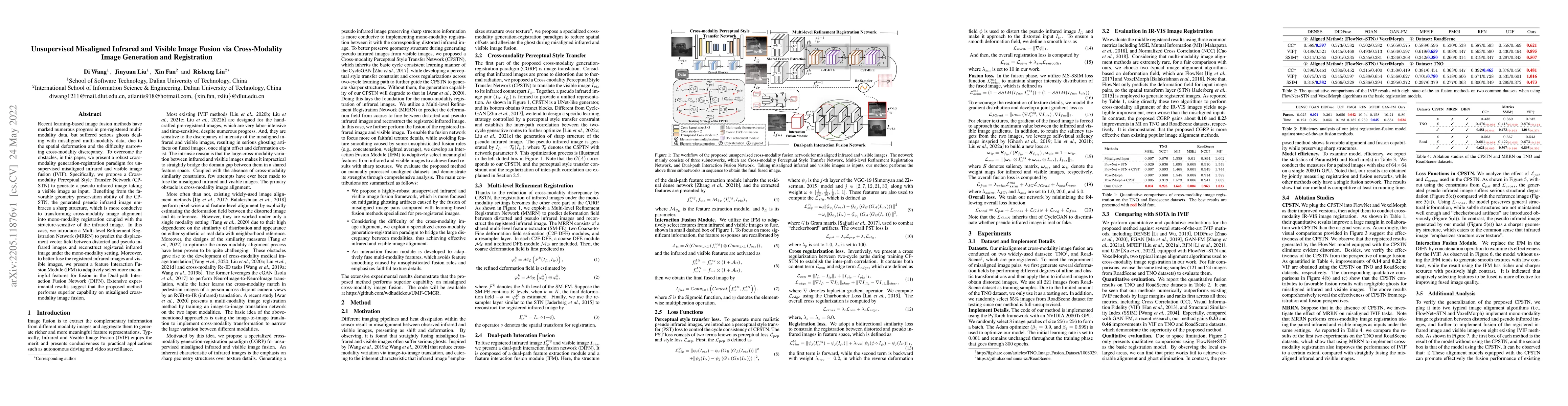 Thumbnail for Unsupervised Misaligned Infrared and Visible Image Fusion via
  Cross-Modality Image Generation and Registration