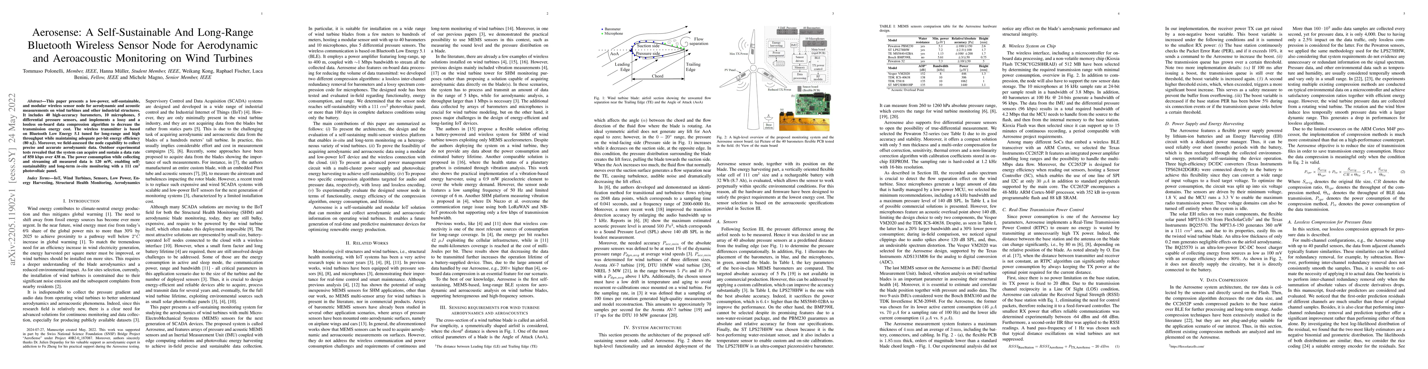 Thumbnail for Aerosense: A Self-Sustainable And Long-Range Bluetooth Wireless Sensor
  Node for Aerodynamic and Aeroacoustic Monitoring on Wind Turbines