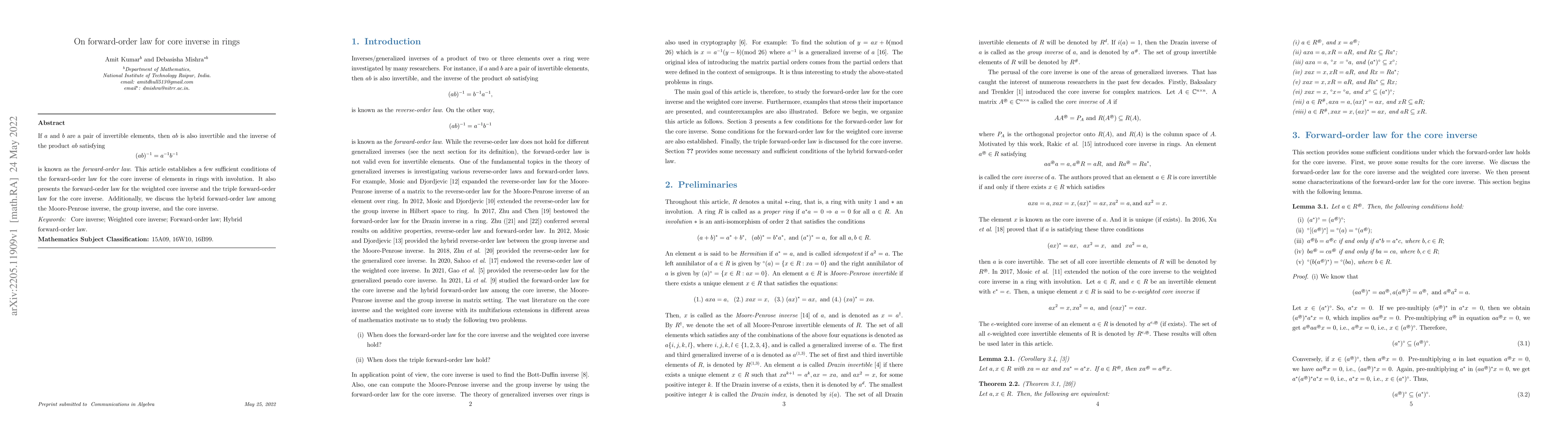 Thumbnail for On forward-order law for core inverse in rings