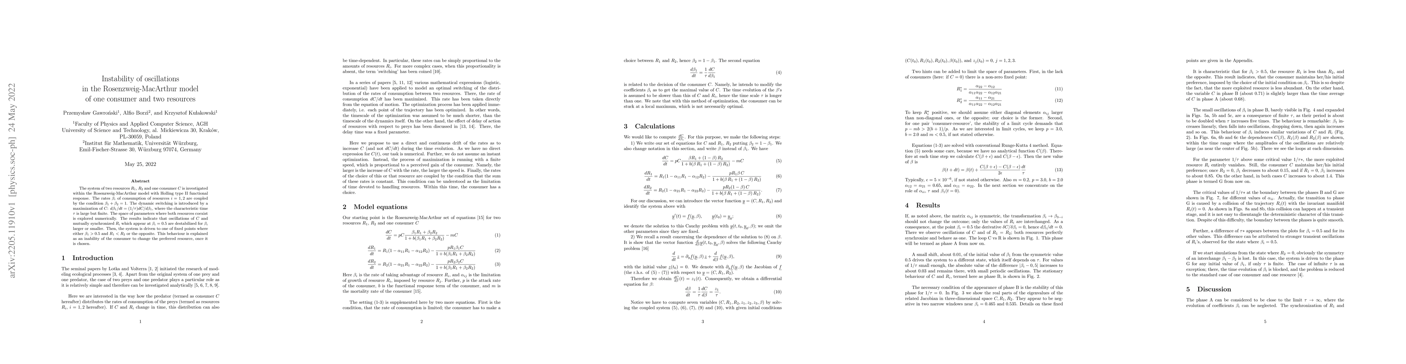 Thumbnail for Instability of oscillations in the Rosenzweig-MacArthur model of one
  consumer and two resources