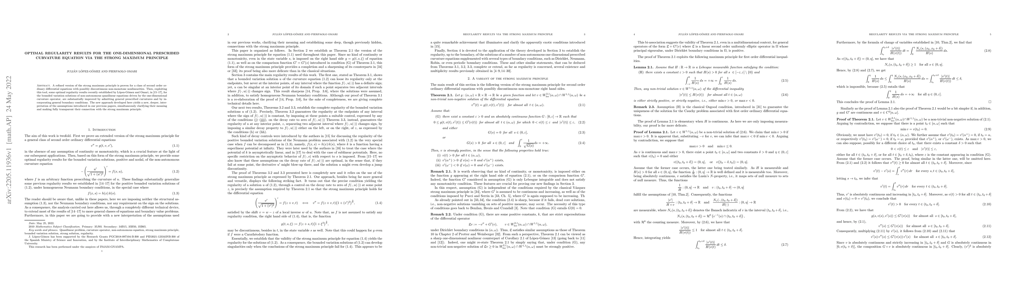 Thumbnail for Optimal regularity results for the one-dimensional prescribed curvature
  equation via the strong maximum principle
