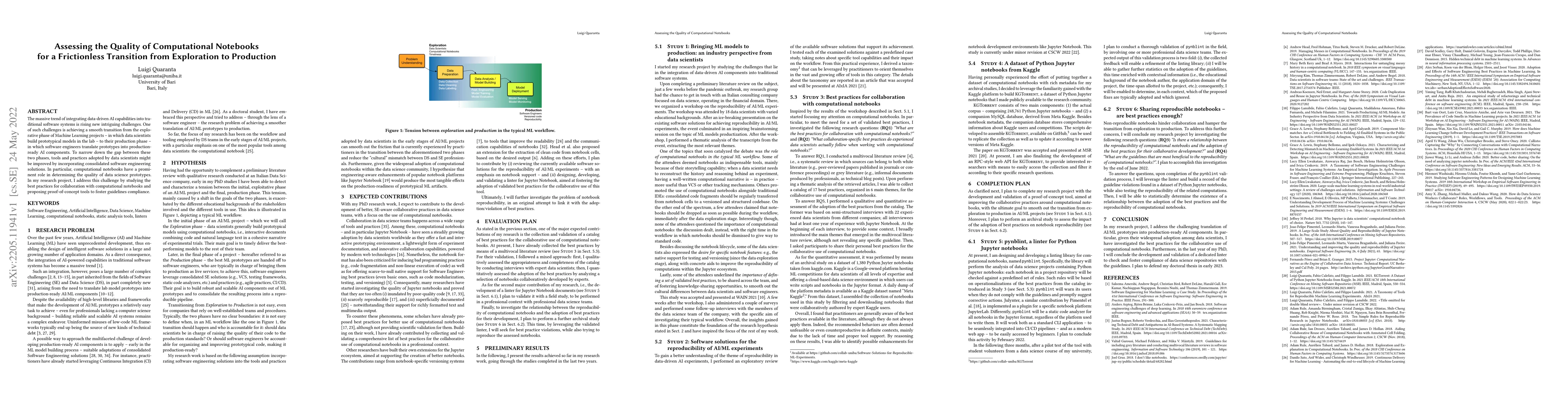 Thumbnail for Assessing the Quality of Computational Notebooks for a Frictionless
  Transition from Exploration to Production