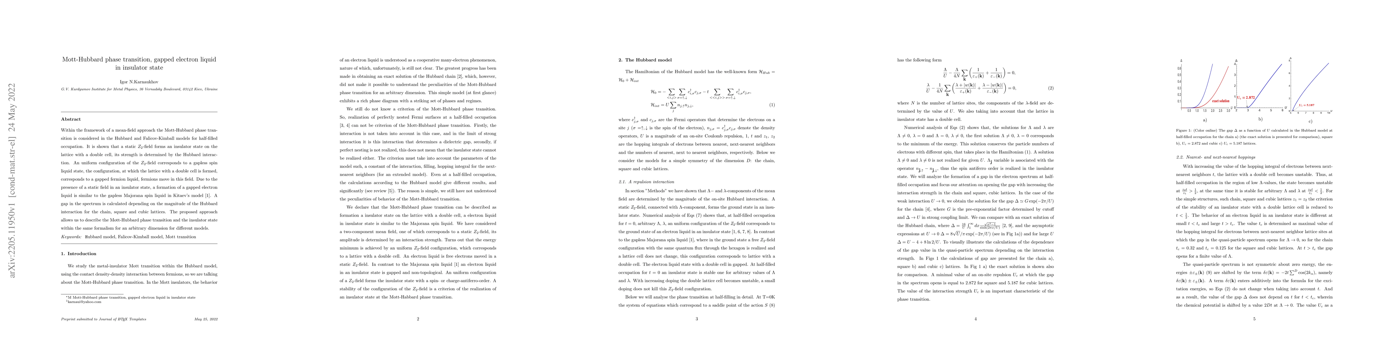 Thumbnail for Mott-Hubbard phase transition, gapped electron liquid in insulator stat