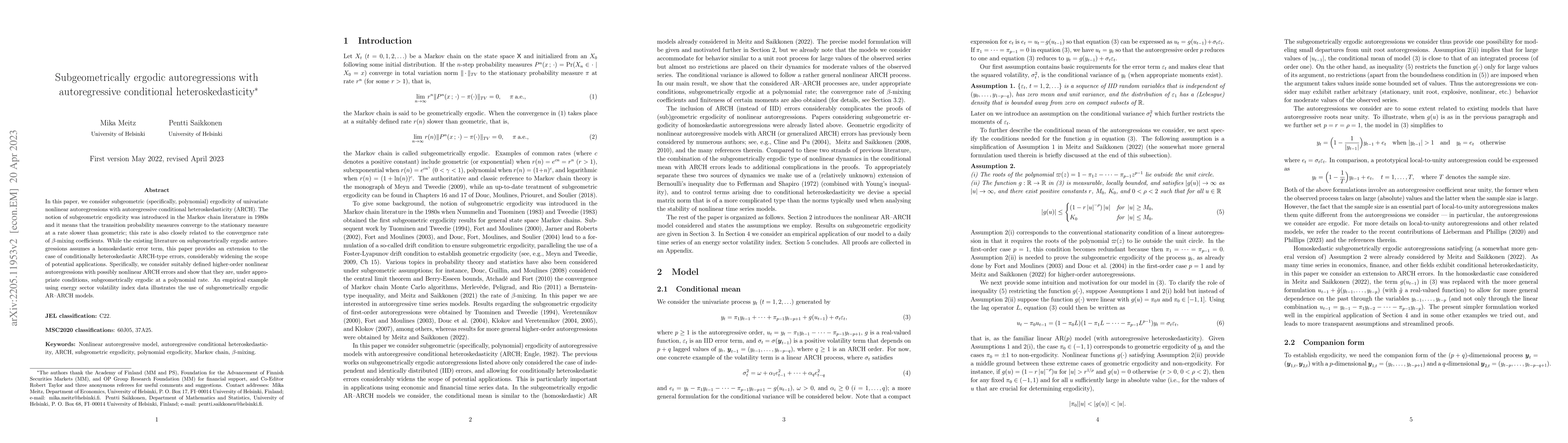 Thumbnail for Subgeometrically ergodic autoregressions with autoregressive conditional
  heteroskedasticity