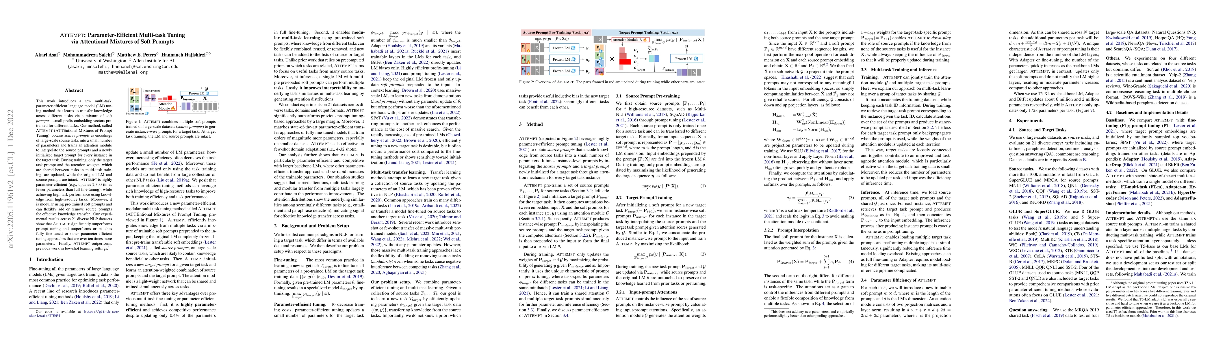 Thumbnail for ATTEMPT: Parameter-Efficient Multi-task Tuning via Attentional Mixtures
  of Soft Prompts