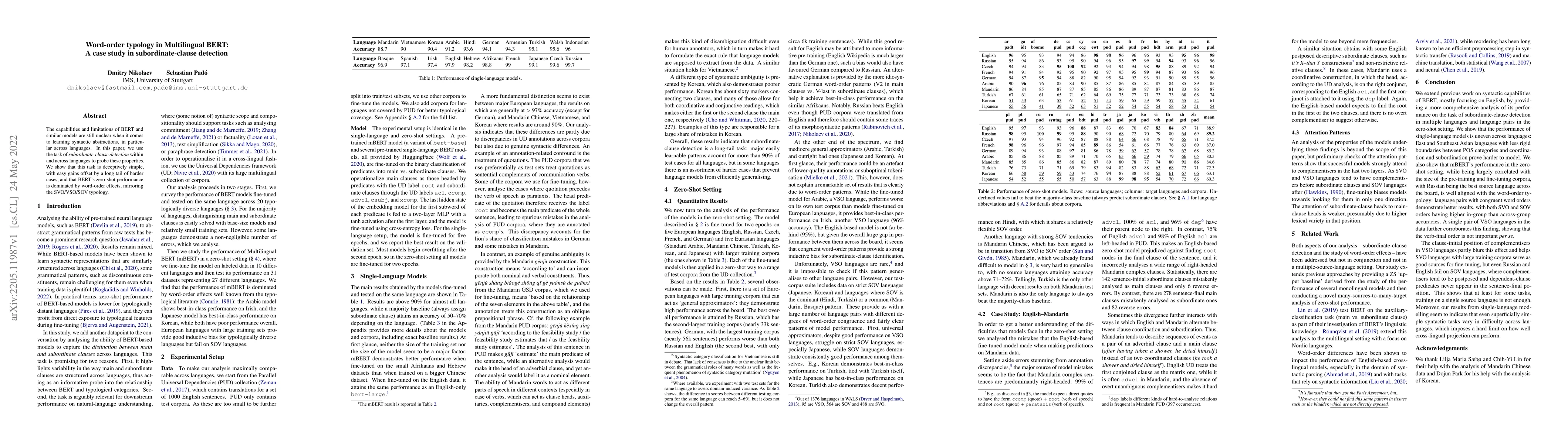 Thumbnail for Word-order typology in Multilingual BERT: A case study in
  subordinate-clause detection