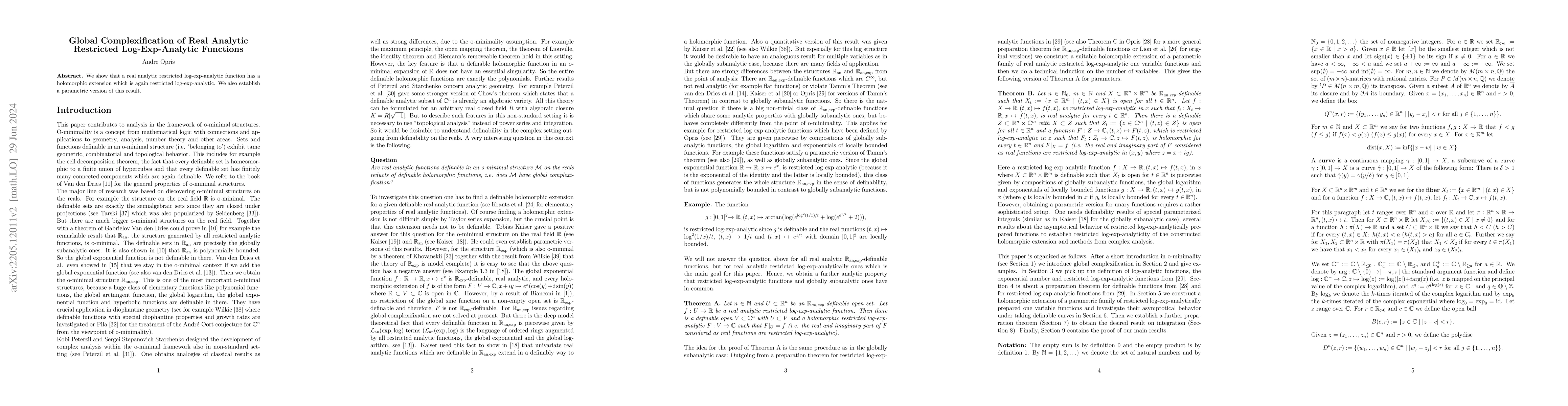 Thumbnail for Global Complexification of Real Analytic Restricted Log-Exp-Analytic
  Functions
