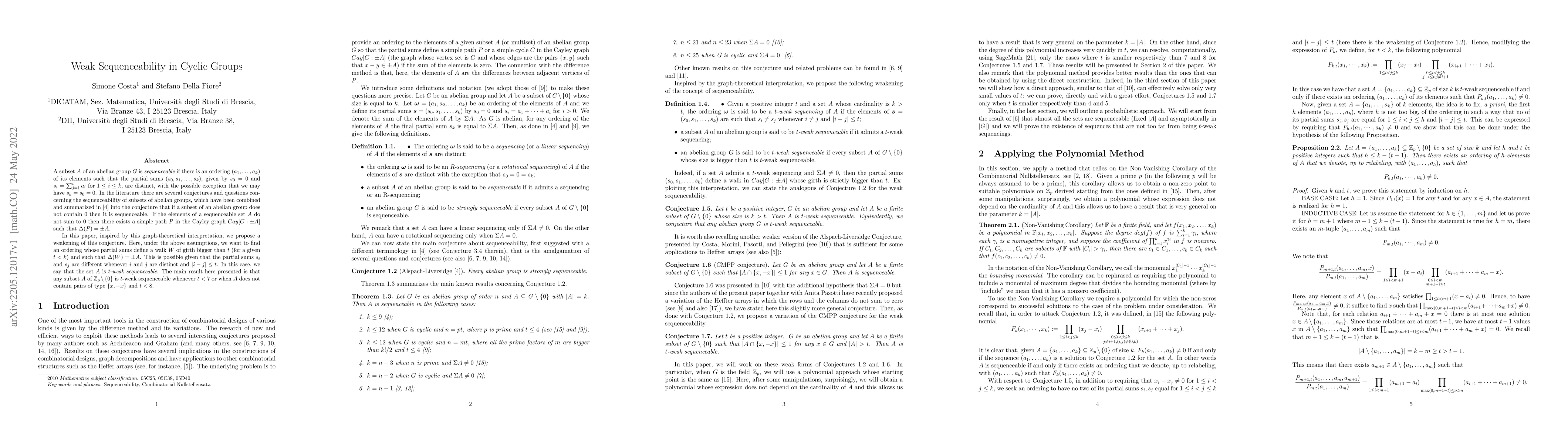 Thumbnail for Weak Sequenceability in Cyclic Groups