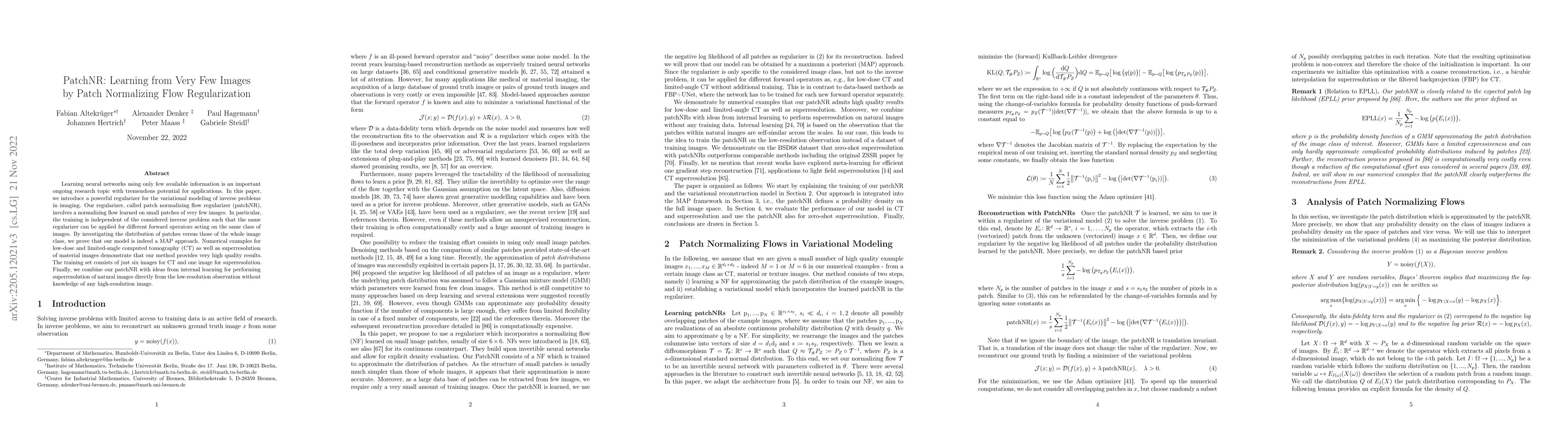 Thumbnail for PatchNR: Learning from Very Few Images by Patch Normalizing Flow
  Regularization