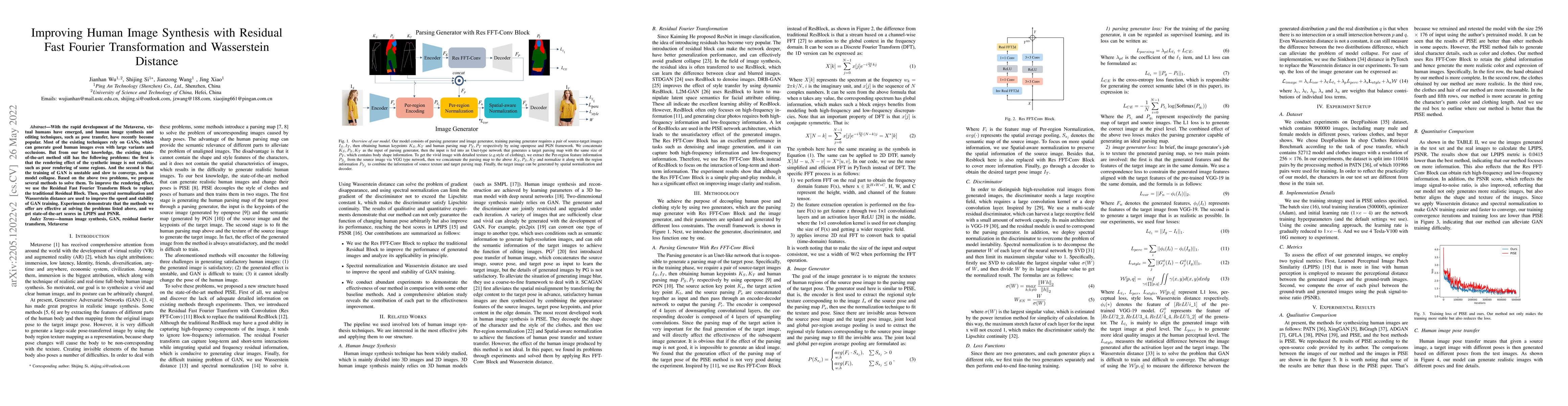 Thumbnail for Improving Human Image Synthesis with Residual Fast Fourier
  Transformation and Wasserstein Distance