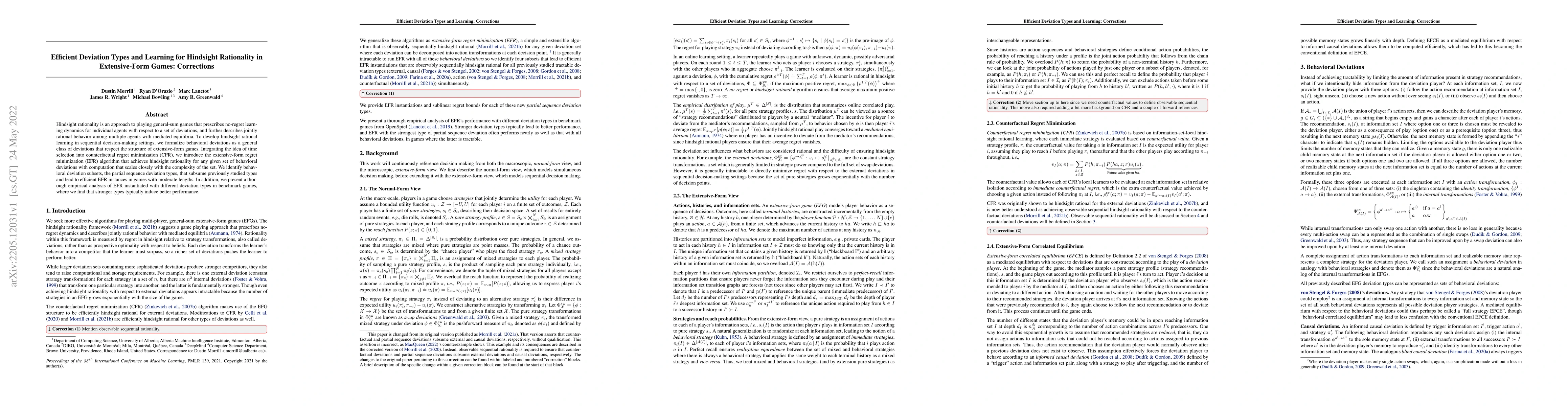 Thumbnail for Efficient Deviation Types and Learning for Hindsight Rationality in
  Extensive-Form Games: Corrections