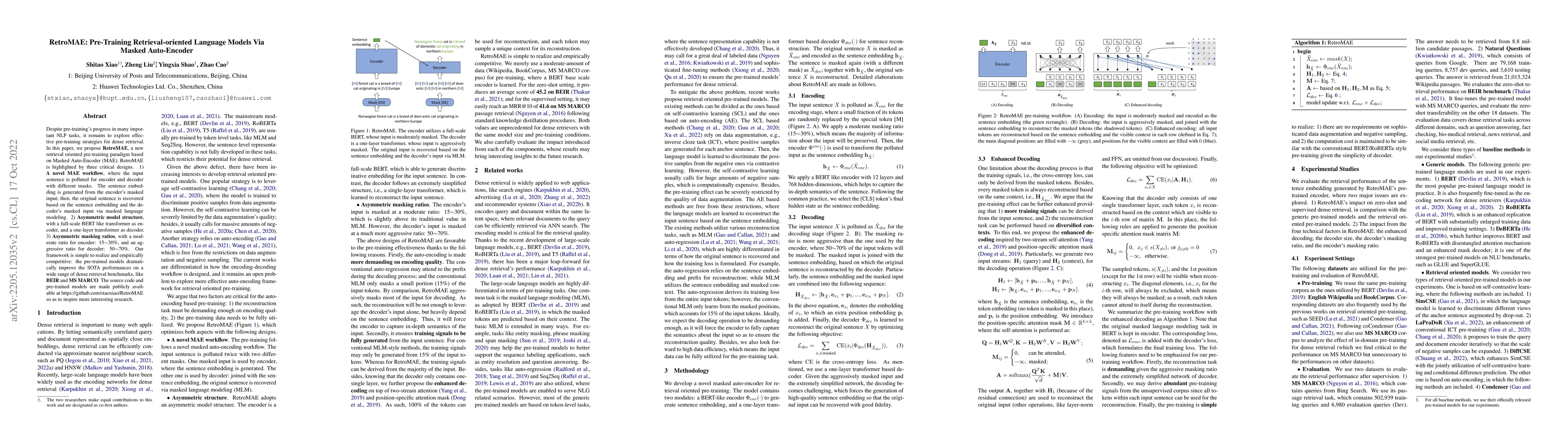 Thumbnail for RetroMAE: Pre-Training Retrieval-oriented Language Models Via Masked
  Auto-Encoder