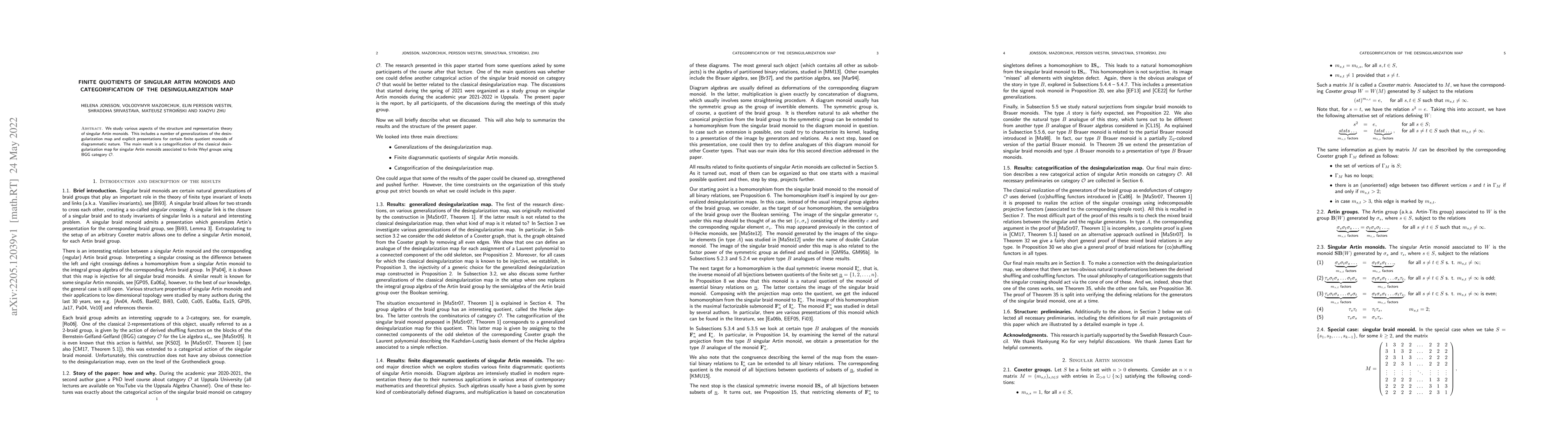 Thumbnail for Finite quotients of singular Artin monoids and categorification of the
  desingularization map