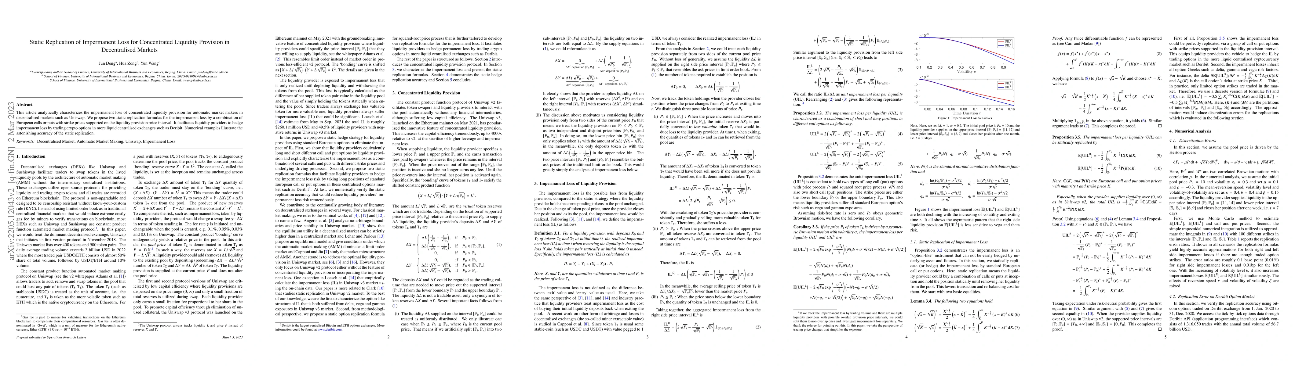 Thumbnail for Static Replication of Impermanent Loss for Concentrated Liquidity
  Provision in Decentralised Markets