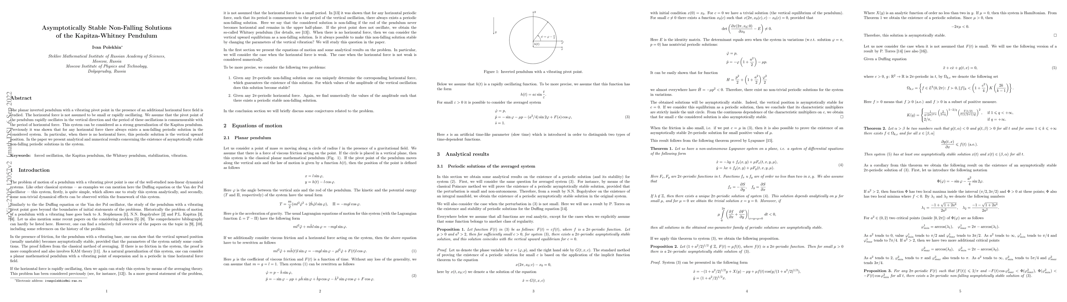 Thumbnail for Asymptotically Stable Non-Falling Solutions of the Kapitza-Whitney
  Pendulum