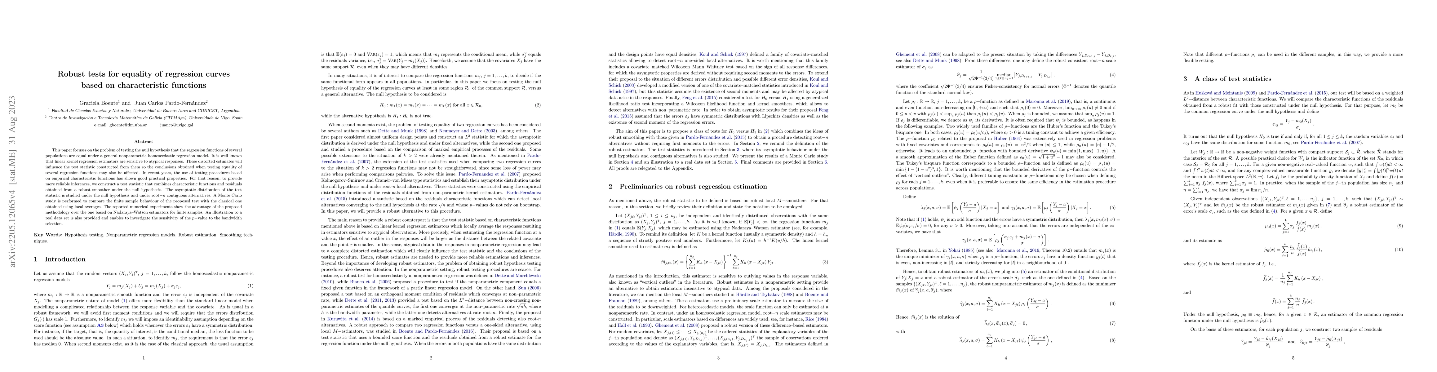 Thumbnail for Robust tests for equality of regression curves based on characteristic
  functions
