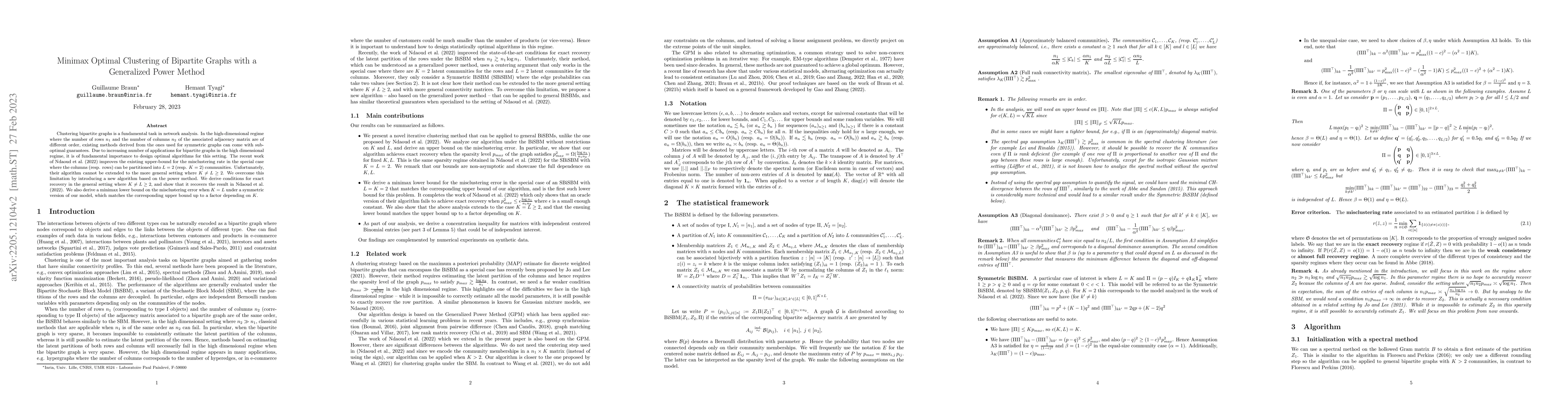 Thumbnail for Minimax Optimal Clustering of Bipartite Graphs with a Generalized Power
  Method