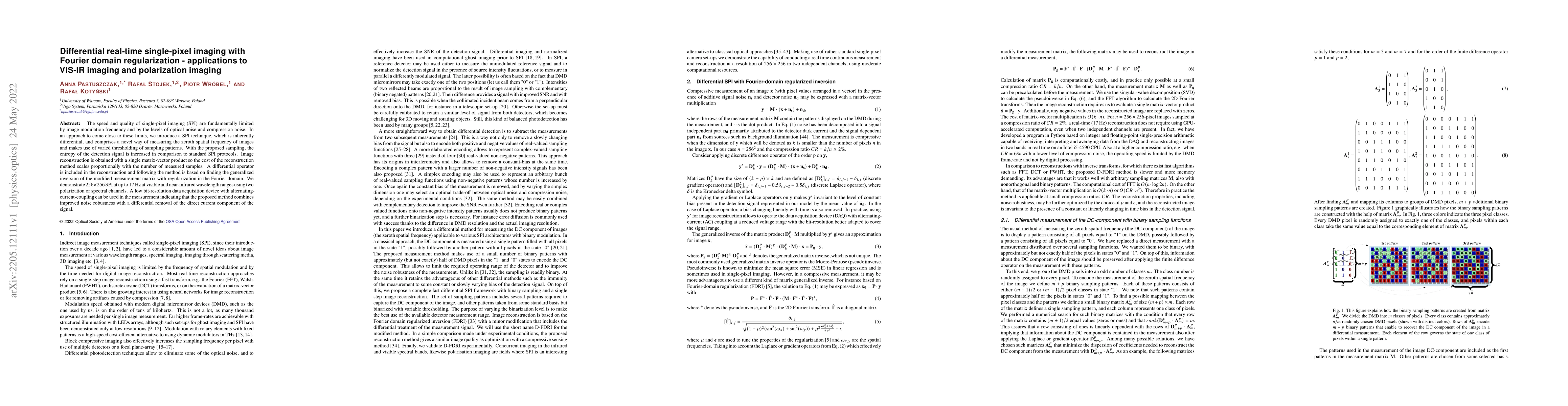 Thumbnail for Differential real-time single-pixel imaging with Fourier domain
  regularization -- applications to VIS-IR imaging and polarization imaging