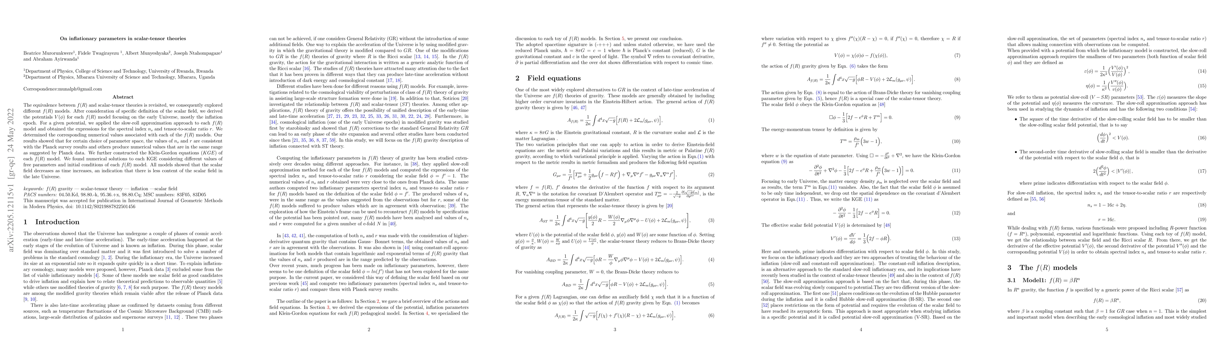 Thumbnail for On inflationary parameters in scalar-tensor theories