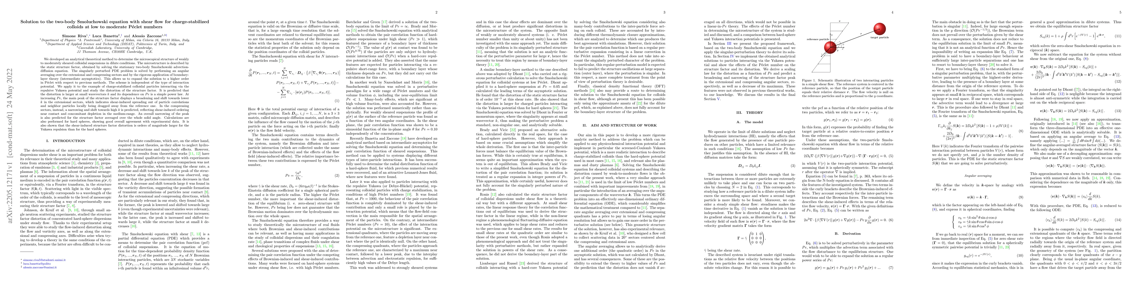 Thumbnail for Solution to the two-body Smoluchowski equation with shear flow for
  charge-stabilized colloids at low to moderate P\'eclet numbers