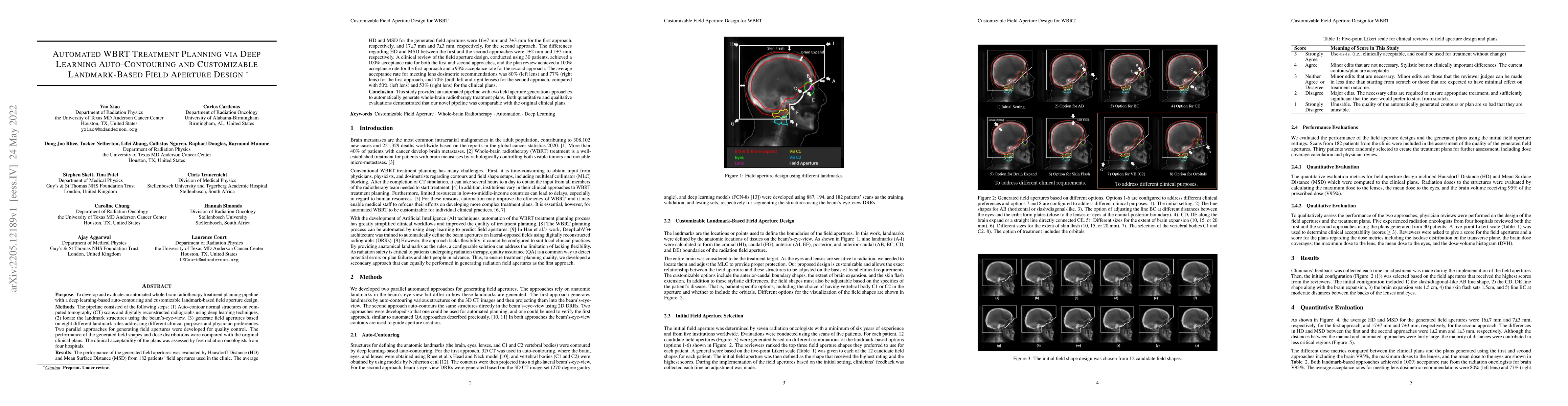 Thumbnail for Automated WBRT Treatment Planning via Deep Learning Auto-Contouring and
  Customizable Landmark-Based Field Aperture Design