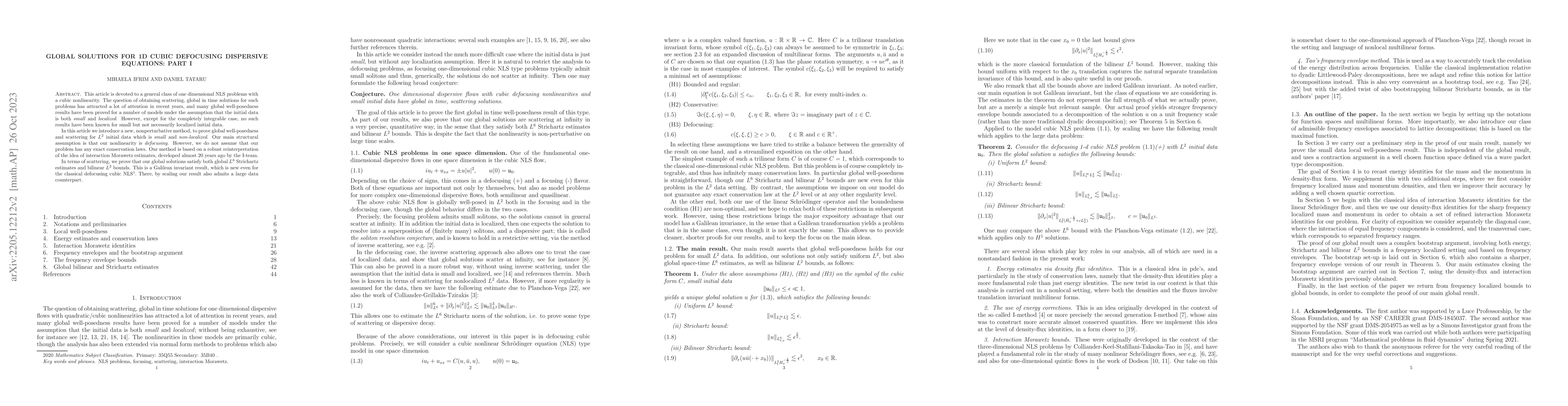 Thumbnail for Global solutions for 1D cubic defocusing dispersive equations: Part I