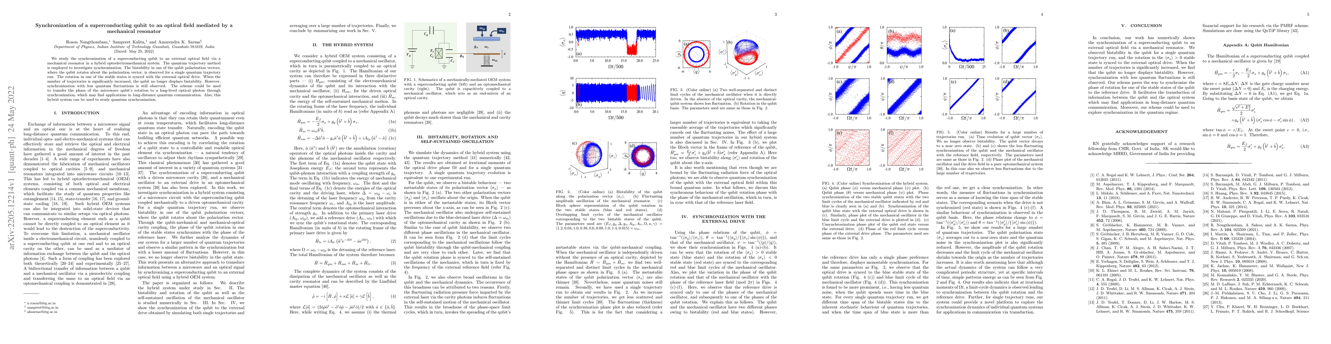 Thumbnail for Synchronization of a superconducting qubit to an optical field mediated
  by a mechanical resonator