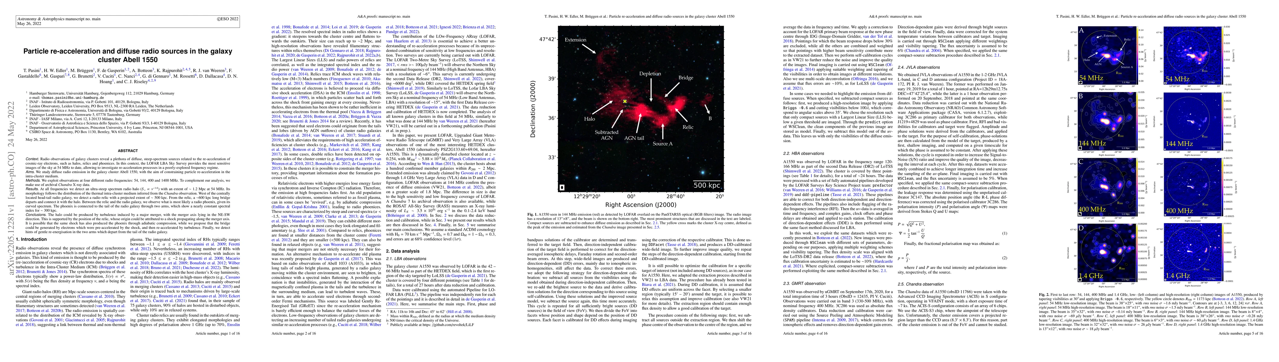 Thumbnail for Particle re-acceleration and diffuse radio sources in the galaxy cluster
  Abell 1550