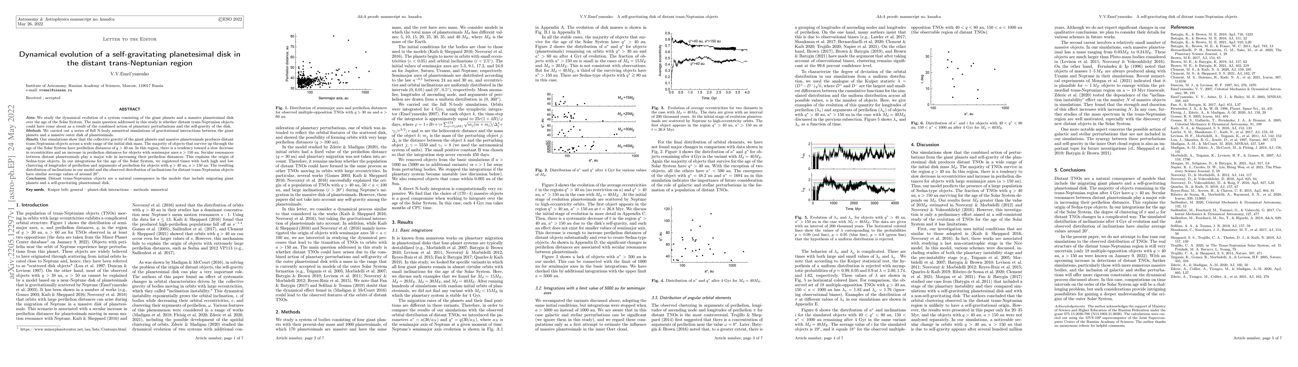 Thumbnail for Dynamical evolution of a self-gravitating planetesimal disk in the
  distant trans-Neptunian region