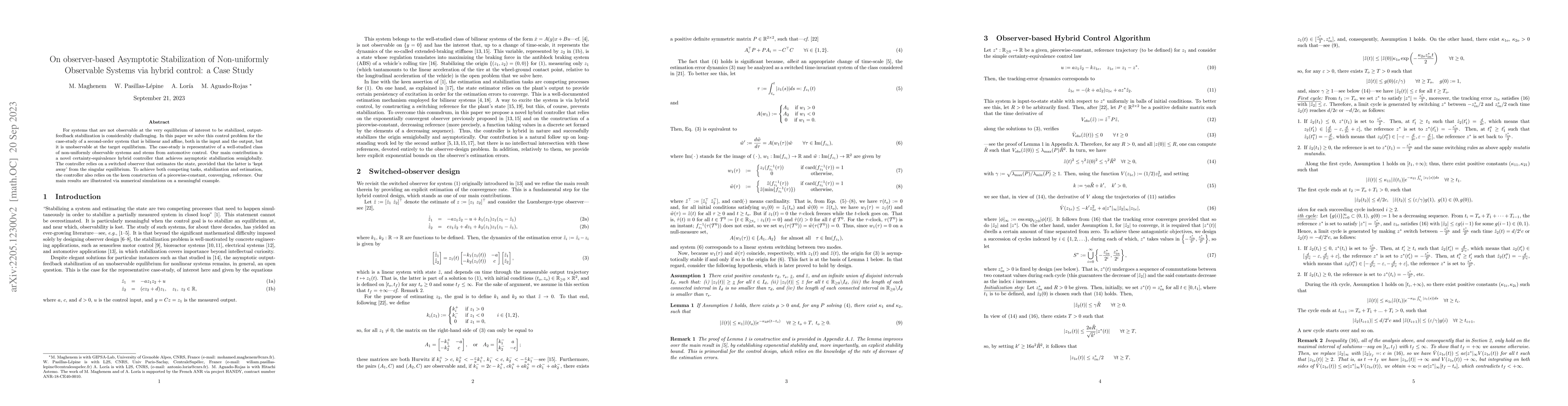 Thumbnail for On Observer-based Asymptotic Stabilization of Non-uniformly Observable
  Systems via Hybrid and Smooth Control: a Case Study
