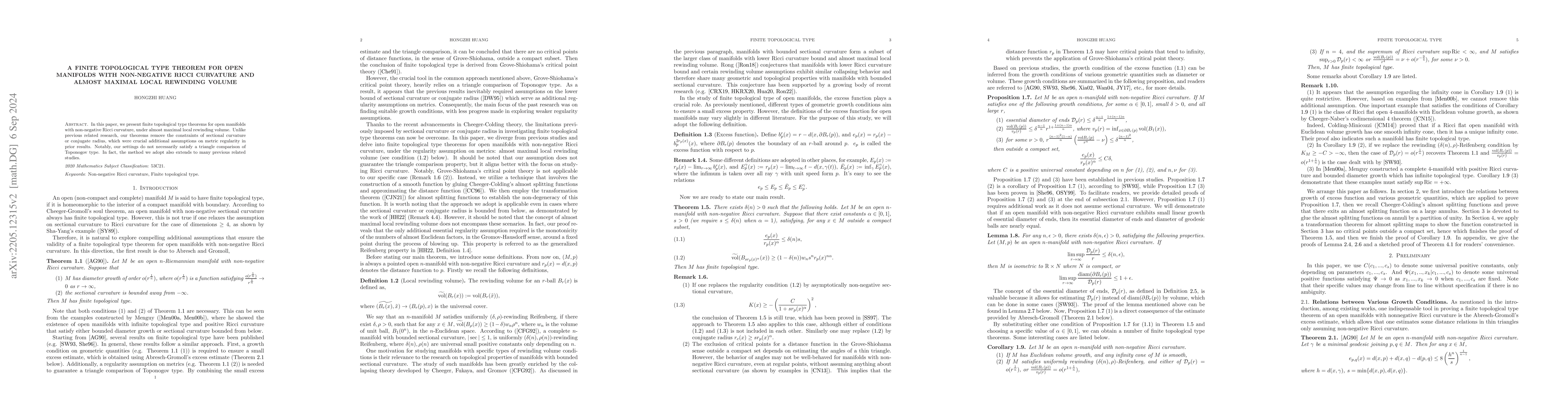 Thumbnail for A finite Topological Type Theorem for open manifolds with Non-negative
  Ricci Curvature and Almost Maximal Local Rewinding Volume