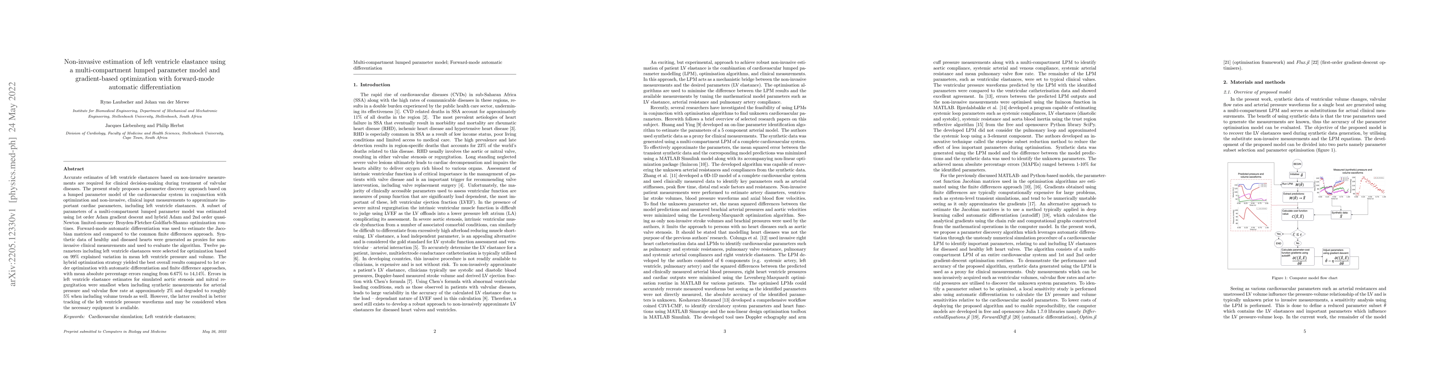Thumbnail for Non-invasive estimation of left ventricle elastance using a
  multi-compartment lumped parameter model and gradient-based optimization with
  forward-mode automatic differentiation