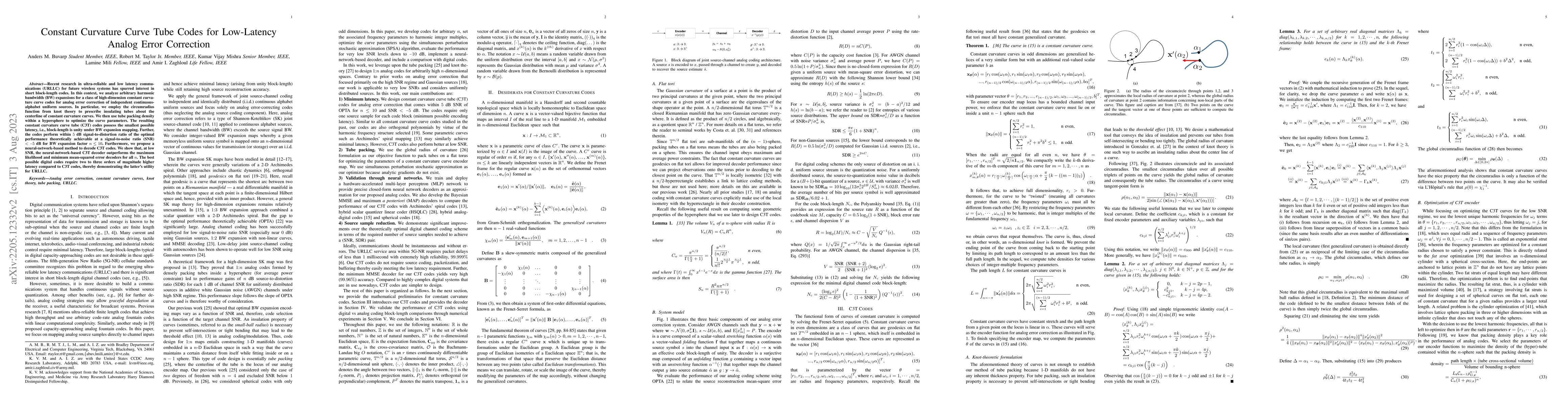 Thumbnail for Constant Curvature Curve Tube Codes for Low-Latency Analog Error
  Correction