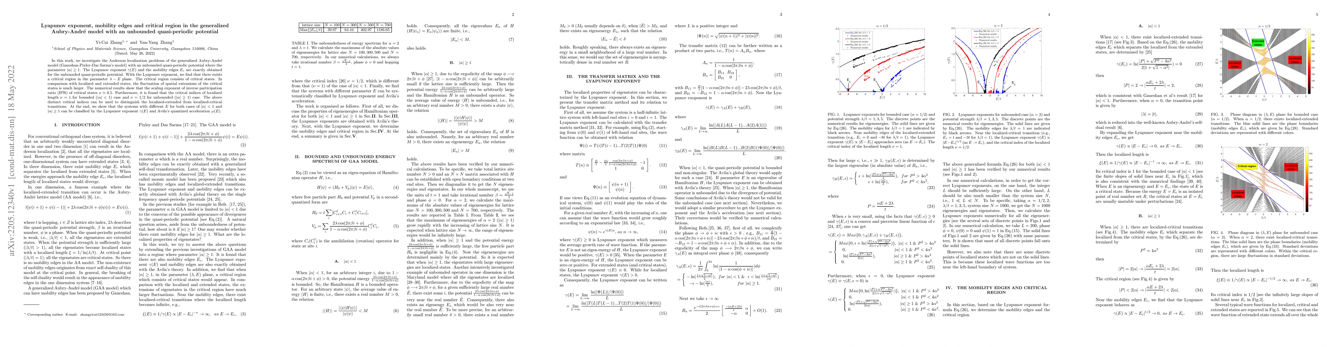Thumbnail for Lyapunov exponent, mobility edges, and critical region in the
  generalized Aubry-Andre model with an unbounded quasiperiodic potential